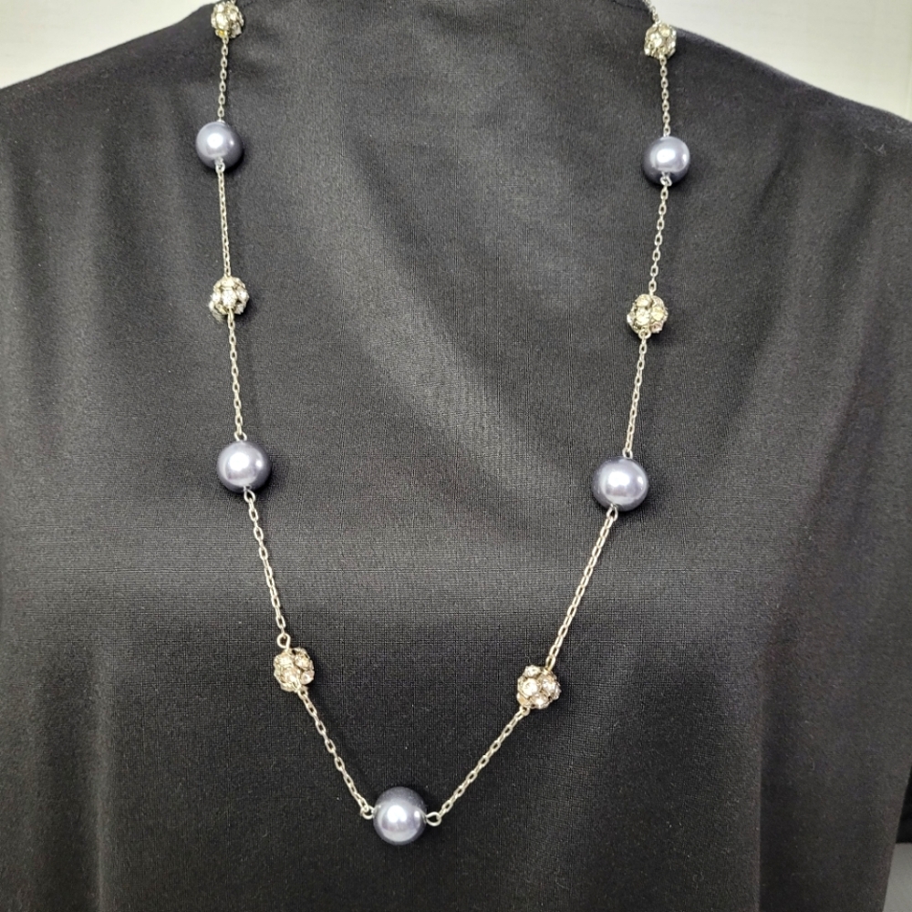 Necklace of grey pearls, balls of rhinestones, and chain 31 inches
